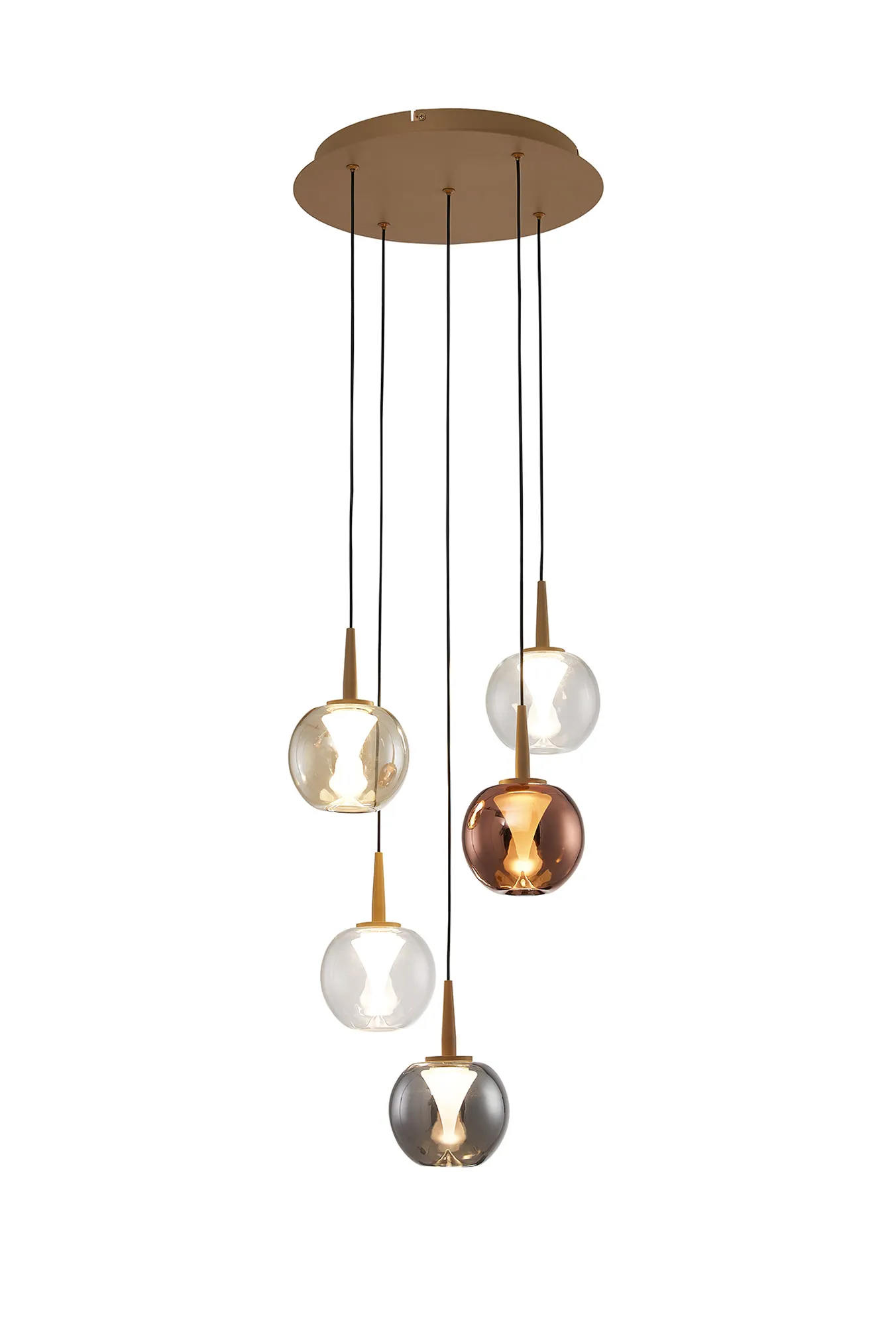 M9080  Andromeda 39cm Round Pendant, 5 x 5W LED, 3000K, 2500lm, Gold/Copper/Chrome/Amber/Clear/Frosted 3yrs Warranty